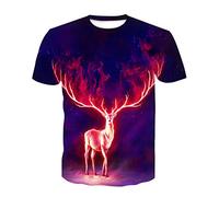 T Shirt Herren 3D Hirsch Drucken, Treer Unisex Sommer T-Shirt Casual Rundhals Kurzarm Shirt Tops Männer Beiläufige Hemden Sport Tops Blusen Lustige S-6XL (Rote Flamme-Hirsch,L)