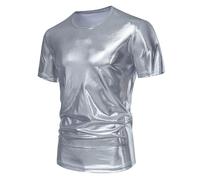T-Shirt Herren Glänzende Metallic,Glitzer Shirt Herren Slim Fit, Glänzende Satin Oberteil Kurzarm Freizeit Tops Clubwear Disco-Stil Silvester Kostüm für Karneval Party