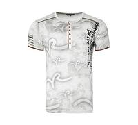 T-Shirt Herren Knopfleiste Kurzarm Rundhals Tshirt All Over Printed Light Washed Regular Fit 246, Farbe:Grau, Größe S-3XL:M