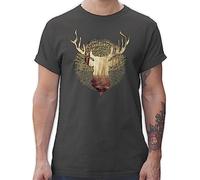 T-Shirt Herren - Kompatibel mit Oktoberfest - Hirsch Motiv Geschenk Jäger I Hirschgeweih Tracht - XL - Dunkelgrau - trachtenshirt bayrische Trachtenmode t Shirt Octoberfest Jaeger Tshirt