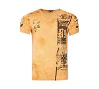 T-Shirt Herren Kurzarm Rundhals T Shirt für Männer Front & Back Print Regular Fit Washed Tshirt 234, Farbe:Camel, Größe S-3XL:XL