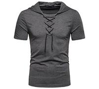 T-Shirt Herren mit Schnürung Kurzarm Hemd mit Kapuze Sommer Muscle Shirt Mittelalter Retro Regular Fit T Shirt Arbeitsshirt Freizeithemd Sport Casual Sommershirt Fisherman Sommerhemd Shirt