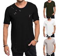 T Shirt Herren Rundhals Zerrissenes T-Shirt Männer Kurzarm Basic T-Shirts Einfarbig T Shirts Slim Fit Persönlichkeit Tee Lässig Sommer Oberteile für Outdoor Sport Gym