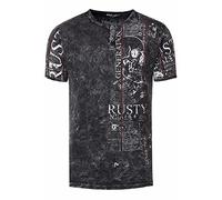 T-Shirt Herren S - 3XL Kurzarm Rundhals Henley-Knopfleiste Seitliche Front Prints Tshirt Verwaschen 294, Farbe:Anthrazit, Größe S-3XL:XXL