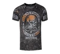 T-Shirt Herren Schwarz Blau Rot Camel Verwaschen Regular Fit S M L XL 2XL 3XL mit Asymmetrisch Knopfleiste All Over Skull Print Street-Wear Shirt 292, Farbe:Anthrazit, Größe S-3XL:M