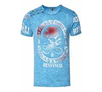 T-Shirt Herren Schwarz Blau Rot Camel Verwaschen Regular Fit S M L XL 2XL 3XL mit Asymmetrisch Knopfleiste All Over Skull Print Street-Wear Shirt 292, Farbe:Blau, Größe S-3XL:XL