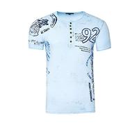 T-Shirt Herren Schwarz S - 3XL Kurzarm Rundhals Knopfleiste Seitliche Front Prints Tshirt Verwaschen 241, Farbe:Blau, Größe S-3XL:XL