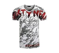 T-Shirt Herren Stretch Street-Wear Tee mit Aufwendigem Strass-Stein Design Clubwear Slim Fit V-Neck Shirt 162, Farbe:Grau, Größe S-3XL:M