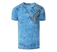 T-Shirt Herren Verwaschen Used Look Seitlicher Logo Print Rundhals mit Knopfleiste V-Neck Optik 240, Farbe:Blau, Größe S-3XL:5XL