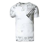 T-Shirt Herren Verwaschen Used Look Seitlicher Logo Print Rundhals mit Knopfleiste V-Neck Optik 240, Farbe:Weiß, Größe S-3XL:5XL