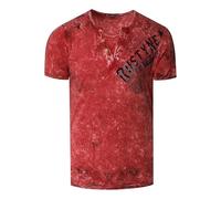 T-Shirt Herren Verwaschen Used Look Seitlicher Logo Print Rundhals mit Knopfleiste V-Neck Optik 240, Farbe:Weinrot, Größe S-3XL:XL