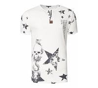 T-Shirt Herren Vintage-Washed Rundhals-Henley-Shirt Printed Casual-Fit Knopfleiste Verwaschen Streetwear Kurzarm-T-Shirt 290, Farbe:Weiß, Größe S-3XL:L