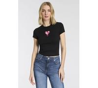 T-Shirt HUGO BLUE "Dever", Damen, Gr. M (38), schwarz 001, Single Jersey, Obermaterial: 100% Baumwolle, bedruckt, unifarben, slim fit taillenbedeckt, Rundhals, abgesteppte Kante, Shirts T-Shirt, im Sl