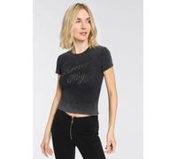 T-Shirt HUGO BLUE "Dever", Damen, Gr. XL, schwarz 001, Rippware, Obermaterial: 96% Baumwolle, 4% Elasthan, Glitzermuster, washed, figurbetont normal, Rundhals, Shirts T-Shirt, mit Schriftzug vorn, Run