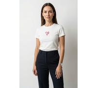 T-Shirt HUGO BLUE "Dever", Damen, Gr. XS (34), natural 102, Single Jersey, Obermaterial: 100% Baumwolle, bedruckt, unifarben, slim fit taillenbedeckt, Rundhals, abgesteppte Kante, Shirts T-Shirt, im S