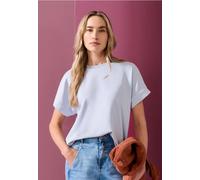 Kurzarmshirt STREET ONE, Damen, Gr. 44, blau (whispery blau), Jersey, Obermaterial: 46% Modal, 46% Polyester, 8% Elasthan, unifarben, bequem hüftbedeckend, Rundhals, Aufschlag, Shirts, Sommershirt im 