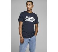 T-Shirt JACK & JONES "JJECORP Herren-Tee mit figurbetonter Silhouette", Damen, Gr. XL, blau (navy), Jersey, Obermaterial: 100% Baumwolle, bedruckt, schmal hüftbedeckend, Rundhals, gerader Abschluss, S