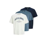 T-Shirt JACK & JONES "JJEDENVER GRAPHIC TEE SS O-NECK 3PK MP", Herren, Gr. M, bunt (navy blazer pack:navy blazer, cloud dancer, blau mirage), Jersey, Obermaterial: 100% Baumwolle, bedruckt, unifarben,