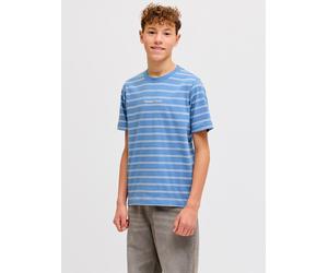 T-Shirt JACK & JONES JUNIOR "JORNORREBRO STRIPE TEE SS CN JNR", Jungen, Gr. 128, blau (marina), Single Jersey, Obermaterial: 100% Baumwolle, gestreift, relaxed fit normal, Rundhals, Shirts T-Shirt (69