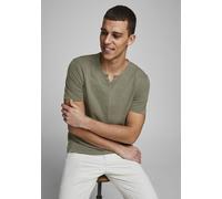 T-Shirt JACK & JONES "SPLIT NECK TEE", Herren, Gr. S, grün (dusky grün), Jersey, Obermaterial: 100% Baumwolle, unifarben, schmal hüftbedeckend, V-Ausschnitt, gerader Abschluss, Shirts T-Shirt, mit V-A