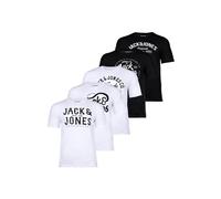 JACK & JONES Herren T-Shirt, 5er Pack - JJLEOGRA TEE CREW NECK, Kurzarm, Rundhals, Baumwolle, Logo-Print, mehrfarbig, L Weiß/ Schwarz