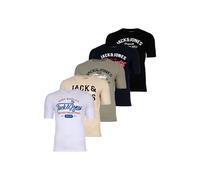 JACK&JONES Herren T-Shirt, 5er Pack - JJLEOGRA Tee Crew Neck, Kurzarm, Rundhals, Baumwolle, Logo-Print Schwarz/Weiß/Blau/Grün/Beige M