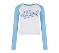 T-Shirt KARL KANI "Karl Kani Damen KW241-043-2 Karl Kani Varsity Crop Block Rib Ls", Damen, Gr. XS, weiß, lightblau, 97% Baumwolle, 3% Elasthan, mehrfarbig, slim fit, Rundhals, Shirts T-Shirt (4444441