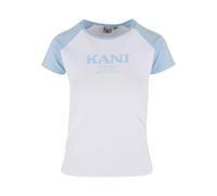 T-Shirt KARL KANI "Karl Kani Damen KW242-005-2 Retro Tiny Tee", Damen, Gr. XXS, weiß, light blau, 95% Baumwolle, 5% Elasthan, bedruckt, skinny fit, Rundhals, Shirts T-Shirt (19742205-XXS) weiß, light