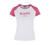 T-Shirt KARL KANI "Karl Kani Damen KW242-005-3 Retro Tiny Tee", Damen, Gr. XXS, pink (weiß, pink), 95% Baumwolle, 5% Elasthan, bedruckt, slim fit, Rundhals, Shirts T-Shirt (26731863-XXS) weiß, pink