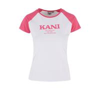 T-Shirt KARL KANI "Karl Kani Damen KW242-005-3 Retro Tiny Tee", Damen, Gr. XXS, weiß, pink, 95% Baumwolle, 5% Elasthan, bedruckt, slim fit, Rundhals, Shirts T-Shirt (26731863-XXS) weiß, pink