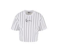 T-Shirt KARL KANI "Karl Kani Damen Small Signature Essential Pinstripe Crop Tee", Damen, Gr. XS, weiß, schwarz, 100% Baumwolle, gestreift, normal, Rundhals, Shirts T-Shirt (49106263-XS) weiß, schwarz
