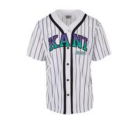 T-Shirt KARL KANI "Karl Kani Herren KM233-003-2 KK Serif Pinstripe Baseball Shirt", Herren, Gr. M, weiß, schwarz, lila, 100% Polyester, gestreift, oversize, V-Ausschnitt, Shirts T-Shirt (16566934-M)