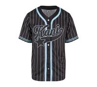 T-Shirt KARL KANI "Karl Kani Karl Kani Kani Star Logo Pinstripe Baseball Shirt", Damen, Gr. XL, schwarz, lightblau, 100% Polyester, gestreift, loose fit, V-Ausschnitt, Shirts T-Shirt (69338842-XL) sch