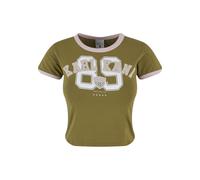 T-Shirt KARL KANI "Karl Kani Karl Kani Woven Signature Short Soccer Tee", Damen, Gr. L, grün (olive, rose), 95% Baumwolle, 5% Elasthan, bedruckt, normal, Rundhals, Shirts T-Shirt (17310564-L) olive, r
