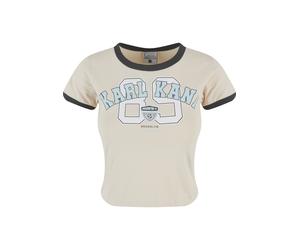 T-Shirt KARL KANI "Karl Kani Karl Kani Woven Signature Short Soccer Tee", Damen, Gr. M, light sand, schwarz, 95% Baumwolle, 5% Elasthan, bedruckt, normal, Rundhals, Shirts T-Shirt (32468142-M) light s