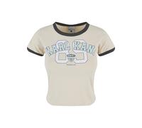 T-Shirt KARL KANI "Karl Kani Karl Kani Woven Signature Short Soccer Tee", Damen, Gr. XXS, beige (light sand, schwarz), 95% Baumwolle, 5% Elasthan, bedruckt, normal, Rundhals, Shirts T-Shirt (32468142-