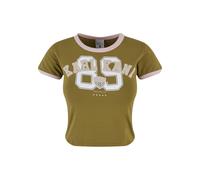T-Shirt KARL KANI "Karl Kani Karl Kani Woven Signature Short Soccer Tee", Damen, Gr. XXS, olive, rose, 95% Baumwolle, 5% Elasthan, bedruckt, normal, Rundhals, Shirts T-Shirt (17310564-XXS)