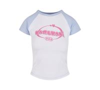T-Shirt KARL KANI "Karl Kani Woven Signature Kk Heart Tiny Tee", Damen, Gr. XS, rosa (weiß, lightblau), 95% Baumwolle, 5% Elasthan, bedruckt, normal, Rundhals, Shirts T-Shirt (82534467-XS) weiß, light