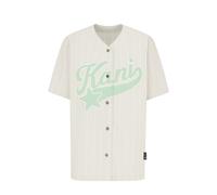 T-Shirt KARL KANI "Karl Kani Woven Signature Pinstripe Baseballshirt", Herren, Gr. S, beige, 100% Polyester, bedruckt, loose fit, V-Ausschnitt, Shirts T-Shirt (20695250-S) beige