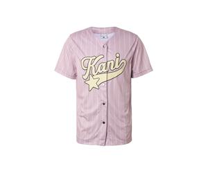 T-Shirt KARL KANI "Karl Kani Woven Signature Pinstripe Baseballshirt", Herren, Gr. XS, rosa (lila), 100% Polyester, bedruckt, loose fit, V-Ausschnitt, Shirts T-Shirt (98952556-XS) lila
