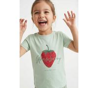 T-Shirt KIDS ONLY "KMGCANDY LIFE S/S PRINTED TEE JRS NOOS", Mädchen, Gr. 128, aqua foam print:strawberry, Jersey, Obermaterial: 100% Baumwolle, unifarben, regular fit normal, Rundhals, Shirts T-Shirt