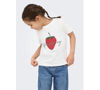 T-Shirt KIDS ONLY "KMGCANDY LIFE S/S PRINTED TEE JRS NOOS", Mädchen, Gr. 92, weiß (cloud dancer print:strawberry), Jersey, Obermaterial: 100% Baumwolle, bedruckt, bestickt, regular fit normal, Rundhal
