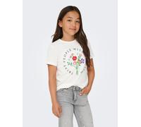 T-Shirt KIDS ONLY "KOGEMMA REG S/S FLOWER TOP BOX JRS", Mädchen, Gr. 122/128, weiß (cloud dancer), Jersey, Obermaterial: 100% Baumwolle, bedruckt, bestickt, unifarben, regular fit hüftbedeckend, Rundh