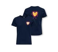 T-Shirt KIDS ONLY "KOGLANY-NINA LIFE LOVE S/S TOP FR JRS", Mädchen, Gr. 122/128, blau (navy blazer print:walking heart, pink yarrow, gold), Jersey, Obermaterial: 100% Baumwolle, unifarben, Basic norma