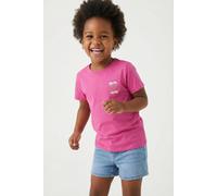 T-Shirt KIDS ONLY "KOGNANA LIFE S/S TOP FR ZA JRS", Mädchen, Gr. 122/128, pink yarrow print:mena logo glitter, aqua foam only, Jersey, Obermaterial: 100% Baumwolle, bedruckt, regular fit normal, Rundh