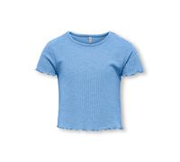 T-Shirt KIDS ONLY "KOGNELLA S/S O-NECK TOP NOOS JRS", Mädchen, Gr. 122/128, open air, Jersey, Obermaterial: 65% Polyester, 30% Viskose, 5% Elasthan, unifarben, regular fit kurz, Rundhals, gewellter Ab