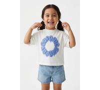 T-Shirt KIDS ONLY "KOGPHINE LIFE SS SHORT PRINT TEE ZA JRS", Mädchen, Gr. 122/128, weiß (cloud dancer print:euphoric), Jersey, Obermaterial: 100% Baumwolle, bedruckt, relaxed fit kurz, Rundhals, Shirt