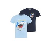 T-Shirt KIDSWORLD "2er Pack Shirts mit Hai Motiven für kleine Jungen", Jungen, Gr. 104/110, hellblau, marine, Single Jersey, Obermaterial: 100% Baumwolle, bedruckt, Basic, Rundhals, Shirts T-Shirt, mo