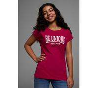 T-Shirt KIDSWORLD "Be unique - right now", Mädchen, Gr. 164/170, rot (bordeaux), Single Jersey, Obermaterial: 100% Baumwolle, bedruckt, weit hüftbedeckend, Rundhals, angeschnitten Aufschlag, Shirts T-