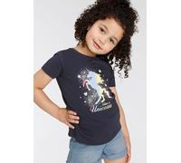T-Shirt KIDSWORLD "believe in Unicorns", Mädchen, Gr. 104/110, blau (marine), Single Jersey, Obermaterial: 100% Baumwolle, bedruckt, Basic hüftlang, Rundhals, abgesteppte Kante, Shirts T-Shirt, Kurzar